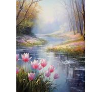 JUYIYUANFUZH Punto Croce Prestampato Ricamo Starter Kit Diy 11CT Lungo Il Fiume Dove Fioriscono I Tulipani 5 Punto Croce Kit Da Ricamare Principianti Hobby Creativi Adulti 40×50Cm