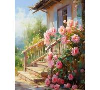 JUYIYUANFUZH Punto Croce Prestampato Ricamo Starter Kit Diy 11CT Rose Che Sbocciano Davanti Alla Porta 4 Punto Croce Kit Da Ricamare Principianti Hobby Creativi Adulti 40×50Cm