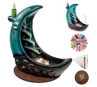 JUYUANDE Backflow incense burner, Fontana brucia incenso in ceramica, con 100 coni di incenso a riflusso + 30 bastoncini di incenso + 1 pinzetta + 1 tappetino, per la decorazione della casa (Blu)