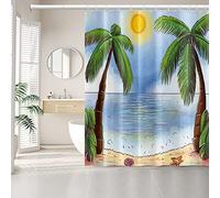 JUZGTSIT Tende da doccia estive da 152 x 182 cm, stile pittura a olio, albero di cocco, paesaggio blu sole, panno decorativo per vasca da bagno, lavabile in lavatrice, set con 12 ganci