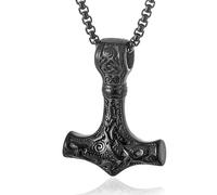 JUZICHEN Collana Uomo Acciaio Inossidabile, Martello Di Thor Collana, Vichinga Mjolnir Ciondolo, Norreno Celtico Amuleto Ciondoli, Nordico Vichingo Runa Collana, 60cm Catene (Nero)