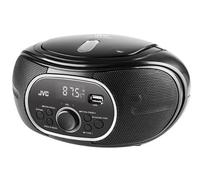 JVC Boombox RD-E221B - Lettore CD nero - Radio portatile con sintonizzatore FM, Bluetooth, USB e AUX - Riproduce MP3, CD-R/CD-RW, suono stereo 2,6 W, display LCD