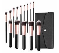 JWQFBC Set Pennelli Make Up Professionali, 14 Pennelli Trucco con Manico in Legno e Borsa, per Impeccabile, Set di 14 pennelli neri e oro con manico in legno e custodia nera