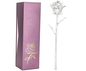 Jwthee Rosa immersa da 24k, vera gambo lungo artificiale rosa conservato fiore immerso con fiore di eternità romantica per le foglie decorazioni del festival del matrimonio (Argento)