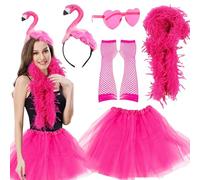 JWTRSVTY 5Pcs Carnevale Fenicottero Cosplay Costumi, Carnevale Costume Fenicottero Donna, Hawaiano Fenicottero Donna Costume Con Gonna Tulle,Occhiali Amore,Sciarpa Piume,Fenicottero Copricapo,Guanto