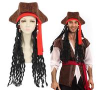 JWTRSVTY Parrucca Da Pirata, Cappello Parrucca Capitano Pirata, Caraibico Tricorno Cappello con Capelli, Cappello Da Pirata Marrone con Bandana e Perline, per Halloween Carnevale Feste Pirata Cosplay