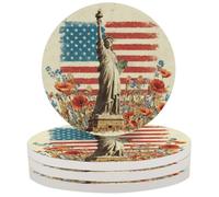 JXDXHCW Set di 4 sottobicchieri in ceramica assorbente con base in sughero, statua della libertà, papavero, bandiera rotonda, per casa, cucina, bar, 10 cm