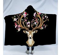 jxjc Cervo Alce 3D Coperta con Cappuccio in Bianco E Nero Alce Floreale in Pile Coperta Indossabile Animale Renna Biancheria da Letto Flanella 150Hx200W A