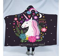 jxjc Coperta con Cappuccio 3D in Microfibra Unicorno Cartoon per Bambini Adulti Ragazze in Pile Floreale Indossabile Coperta Nera Sherpa 127Hx152W Unicorn1