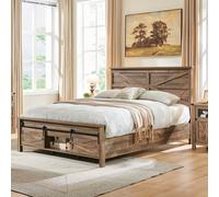 JXQTLINGMU Struttura letto completa in legno con porta scorrevole da fienile, supporto a doghe in legno massello, silenziosa, senza bisogno di molle, marrone chiaro