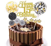Jxuzh Happy 15th Birthday - Decorazione per torta da 15 anni, colore: Nero/Oro