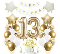 Jxuzh Set di decorazioni per il 13° compleanno 'oro chiaro e bianco'33 pezzi con palloncini, ghirlanda, numero di pellicole 13, stelle color crema e decorazioni per torte glitterate, per ragazzi e