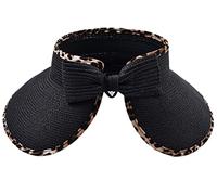 JYARZ Cappello Sole Pieghevole Cappello Da Sole Pieghevole Con Stampa Leopardata Esterno Di Paglia Superiore Vuoto Femminile A Tesa Larga Antipioggia Traspirante(Black)