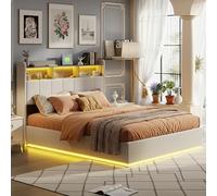 JYCRA Letto baule 140 x 200,scomparto portaoggetti per comodino,letto matrimoniale imbottito con rete a doghe, USB e LED,portaoggetti e testiera in velluto (beige, 140 x 200 cm)