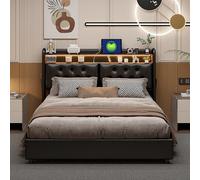 JYCRA Letto portaoggetti 140 x 200, letto matrimoniale per adulti con rete, letto imbottito, contenitore in testa, schienale morbido, LED regolabile, porta di ricarica, PU, nero