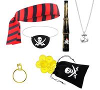 Jyeennar Set di 16 accessori per costume da pirata, sciarpa a righe rosse e nere, collana, orecchini, maschera per gli occhi, 10 monete dorate, borsa, telescopio, accessori per carnevale, cosplay