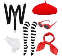 Jyeennar Set di 6 costumi da mimo a tema francese, da donna, costume completo da artista con vestibilità universale, perfetto per feste parigine, spettacoli teatrali