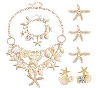 JYIXXZX 7 Pezzi Parure Gioielli per Donna Collana di Conchiglie Braccialetto Orecchini e Fermagli per Capelli Perle Stella Marina Boho Set Gioielli da Sirena Estate Mare Spiaggia per Feste Carnevale