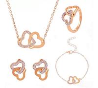 JYIXXZX Parure Gioielli per Donna Cuori Intrecciati Collana Bracciale Orecchini e Anello Cristallo Cuore Pendente con Zirconia Set di Gioielli da Sposa Regolabile Regalo di Compleanno Festa (Rosa)