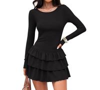 JYIXXZX Vestito Sexy Donna Maniche Lunghe Mini Abito Elegante Aderente Abito da Sera Scollo a Girocollo Casual Vestito Corto Bodycon Nero A Line Orlo Volant Abiti per Discoteca Cocktail Party Festa