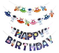 JYJLLM Set da 16 pezzi per feste con striscione a razzi, ghirlanda Happy Birthday, 13 topper per cupcake e tovaglia da 130 x 220 cm