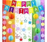 JYJLLM Set di 18 decorazioni arcobaleno per feste di compleanno, striscione di buon compleanno con tende a frangia, palline a nido d'ape per feste colorate
