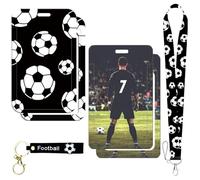 JYJLLM Set di 4 porta carte d'identità da calcio, 2 supporti neri per pass autobus con design giocatore 7, 1 cinturino in pelle e 1 cordino per lavoro, viaggi, crociera, ufficio