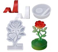 JYJLLM Set di 4 stampi in gesso per cemento, a forma di cuore e rosa, con base rotonda e 2 rotoli di nastro da 1 m ciascuno, bianco e rosso, per fai da te, decorazioni per la casa, fai da te, fai da