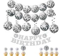 JYJLLM Set di decorazioni per feste da discoteca, argento, 27 pezzi, decorazione per compleanno con 1 striscione, 6 spirali, 12 bandierine, 8 segnaposto | Retro anni '70 anni '80 anni '90, decorazione