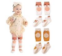 JYNVO 2 paia di ginocchiere e 2 paia di calzini per neonati, calzini antiscivolo per neonati, protezioni per le ginocchia per neonati, motivo a cartoni animati, per bambini piccoli da 0 a 12 mesi