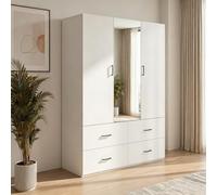 JYNVO Armadio con Specchio, Armadio per Camera da Letto con 2 Ante e 4 Cassetti, Armadio moderno, Armadio in legno laminato, 130x51.8x181.5 cm, Bianco (Specchio al centro, 130x51.8x181.5 cm)