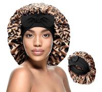 JYNVO Cuffia Seta Stampa Leopardata, Capelli Notte Regolabili Cuffia Capelli Ricci Bonnet con Lacci Lunghi Morbida e Protettiva Anti-crespo, Protezione Capelli Ricci & Riscaldata