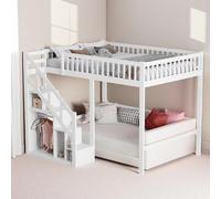 JYNVO Letto a castello 140 x 200 cm, letto a soppalco per bambini con scala di stoccaggio integrata, letto a soppalco per bambini con griglia di protezione, culla in legno di pino bianco, senza