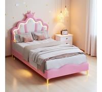 JYNVO Letto da principessa 90 x 200 cm, con strisce luminose a LED, letto per bambini a forma di corona, letto imbottito in pelle PU, letto a LED per camera delle bambine, letto da principessa rosa