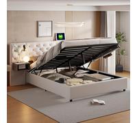 JYNVO Letto imbottito 160 x 200 cm con lampade da lettura a LED e attacco USB, telaio in velluto beige con rete a doghe, letto matrimoniale con 2 comodini, senza materasso