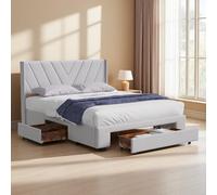 JYNVO Letto portaoggetti 140 x 200 cm con 3 cassetti e rete a doghe, beige imbottito per ragazzi, letto matrimoniale, tessuto di lino, senza materasso