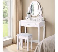 JYNVO Tavolo da toeletta con specchio bianco, 3 cassetti e sgabello in legno, parte superiore rimovibile, specchio girevole a 360°, toletta per camera da letto o spogliatoio