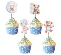 JYNXOR 24 pcs Cake Topper Battesimo Bimbi Topper Torta Orsetto, Decorazione Addobbi Allestimento Torta Nascita Baby Showerr Gender Reveal Party Compleanno (Blu)