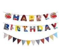 JYNXOR Festone Buon Compleanno, Striscione Buon Compleanno, Kit Compleanno Decorazioni Cars, Pre-Infilato Decorazioni Per Feste Di Compleanno a Tema Cars Con Gagliardetto a Strisce Per Ragazzo