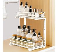JYPS 2 Livelli Organizer Sottolavello Cucina, Metallo Estraibili Porta Detersivi Salvaspazio, Organizer lavello Cucina, Organizer Cassetti Cucina Ripiano per Bagno, Armadi (Bianco)