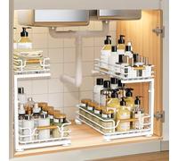 JYPS 2 Pezzi Organizer Sottolavello Cucina, 2 Livelli Metallo Organizer Cassetti Cucina, Regolabile in Altezza Organizzatore Sotto Lavello, Cestelli Sottolavello per Bagno, Spezie, Armadio(Bianco)