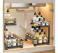JYPS 2 Pezzi Organizer Sottolavello Cucina, 2 Livelli Metallo Organizer Cassetti Cucina, Regolabile in Altezza Organizzatore Sotto Lavello, Cestelli Sottolavello per Bagno, Spezie, Armadio (Nero)