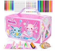 JYPS 70 Pcs Axolotl Pennarelli per Bambini con Astuccio, Lavabili Set D'Arte Regalo per Bambine 3-12 Anni, Valigetta Colori Cancelleria Set, Penne Glitter Profumate, Pastelli Colorati,Pennarello
