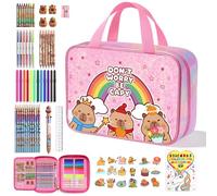 JYPS Capibara Borsa Kit Colori, 73 Pcs Lavabili Valigetta Colori Bambini con Pennarelli, Pastelli e Cera, Album da Disegno, Kit Disegno Colori d'arte Regalo per Bambina 4-12 Anni