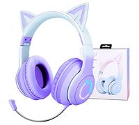 JYPS Cuffie senza fili per bambini, con luce LED e orecchio di gatto, per ragazze, auricolari Bluetooth con microfono staccabile a cancellazione del rumore e microfono integrato per chiamate (viola)