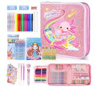 JYPS Set di Pennarelli con Glitter Astuccio, 73 Pezzi Axolotl Lavabili Valigetta Colori per Bambini, Kit Disegno con libro da Colorare, Matite, Penne Profumate e Pastelli, Regalo per Bambina 4-10 Anni