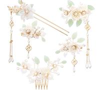 JYvivid Set di 5 forcine per capelli con fiori di camelia, vintage, con perle, copricapo retrò con cristalli, accessori per capelli da matrimonio cinese Hanfu, gioielli per donne, spose, damigelle