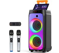 JYX Karaoke con 2 Microfoni Wireless, Grande altoparlante Bluetooth con Ruote e Luci da Discoteca, Sistema PA Subwoofer, Karaoke Professionale Completo Supporto TWS/USB/SD Card/AUX/Rec per feste
