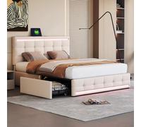 JYYQ 140cm*200cm Letto Matrimoniale a LED con 4 Cassetti e 2 Stazioni di Ricarica USB,Telaio Letto con Testa e Piedi a LED,Spazio di Stoccaggio (Beige)