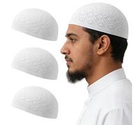 JYYWTSI Berretto musulmano Kufi da uomo, 3 pezzi, in cotone, bianco, circonferenza della testa 55-59 cm, berretto taqiyah Kufi con motivo quadrato a pois, leggero e traspirante
